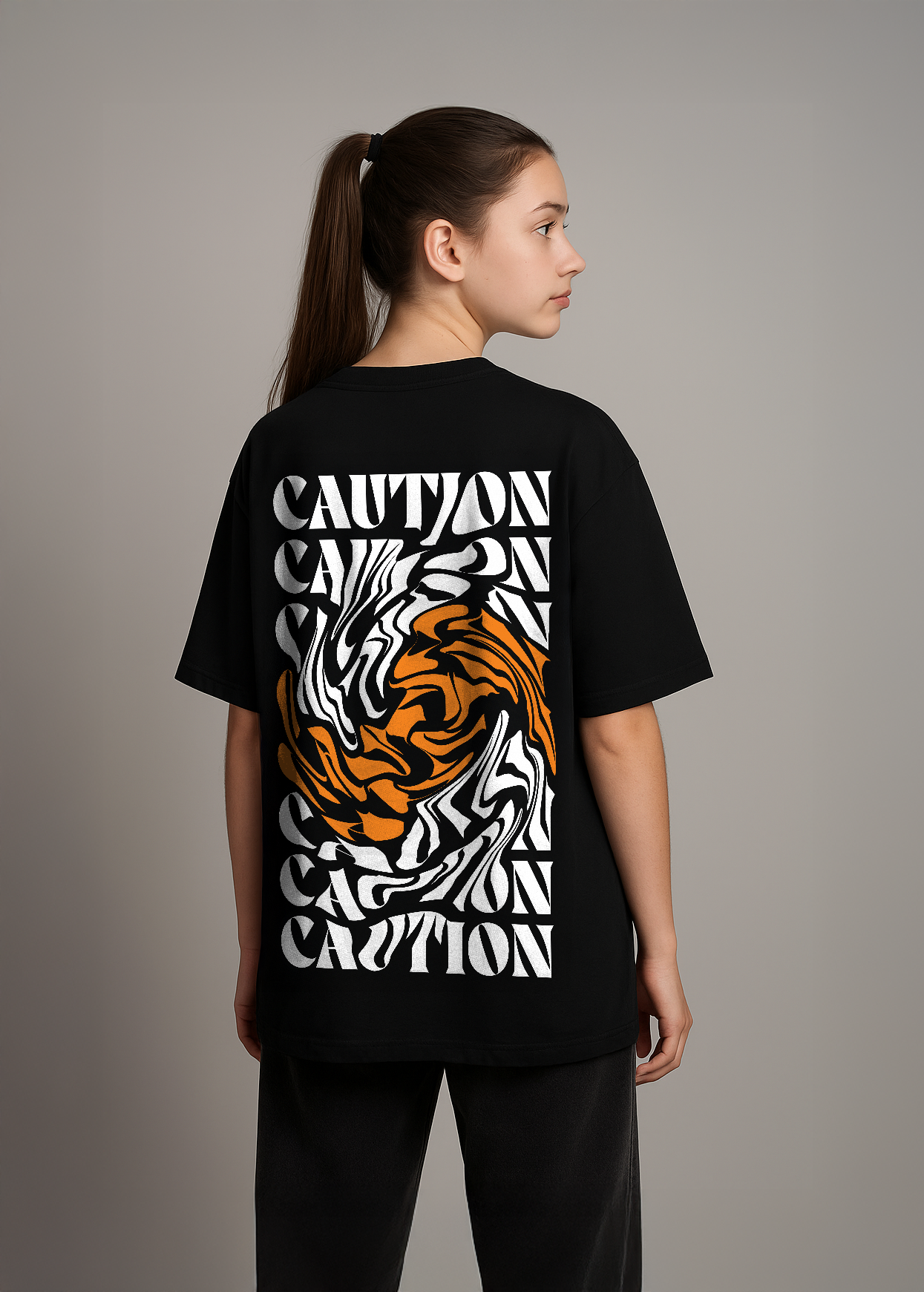 Caution Swirl Graphic Oversized T-Shirt in Black