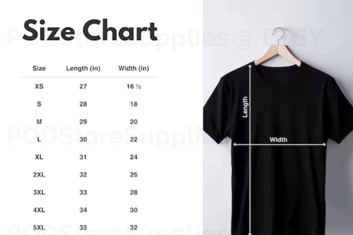 Mens t shirt size chart showing chest measurement and perfect fit guide for men in Pakistan 2026