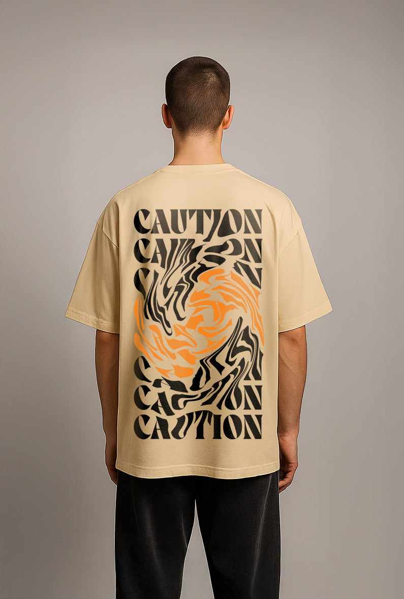 Caution Swirl Graphic Oversized T-Shirt in Beige