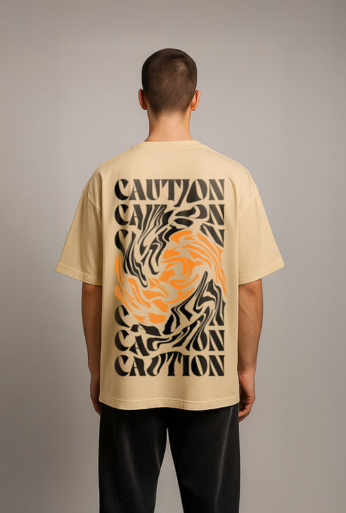 Caution Swirl Graphic Oversized T-Shirt in Beige