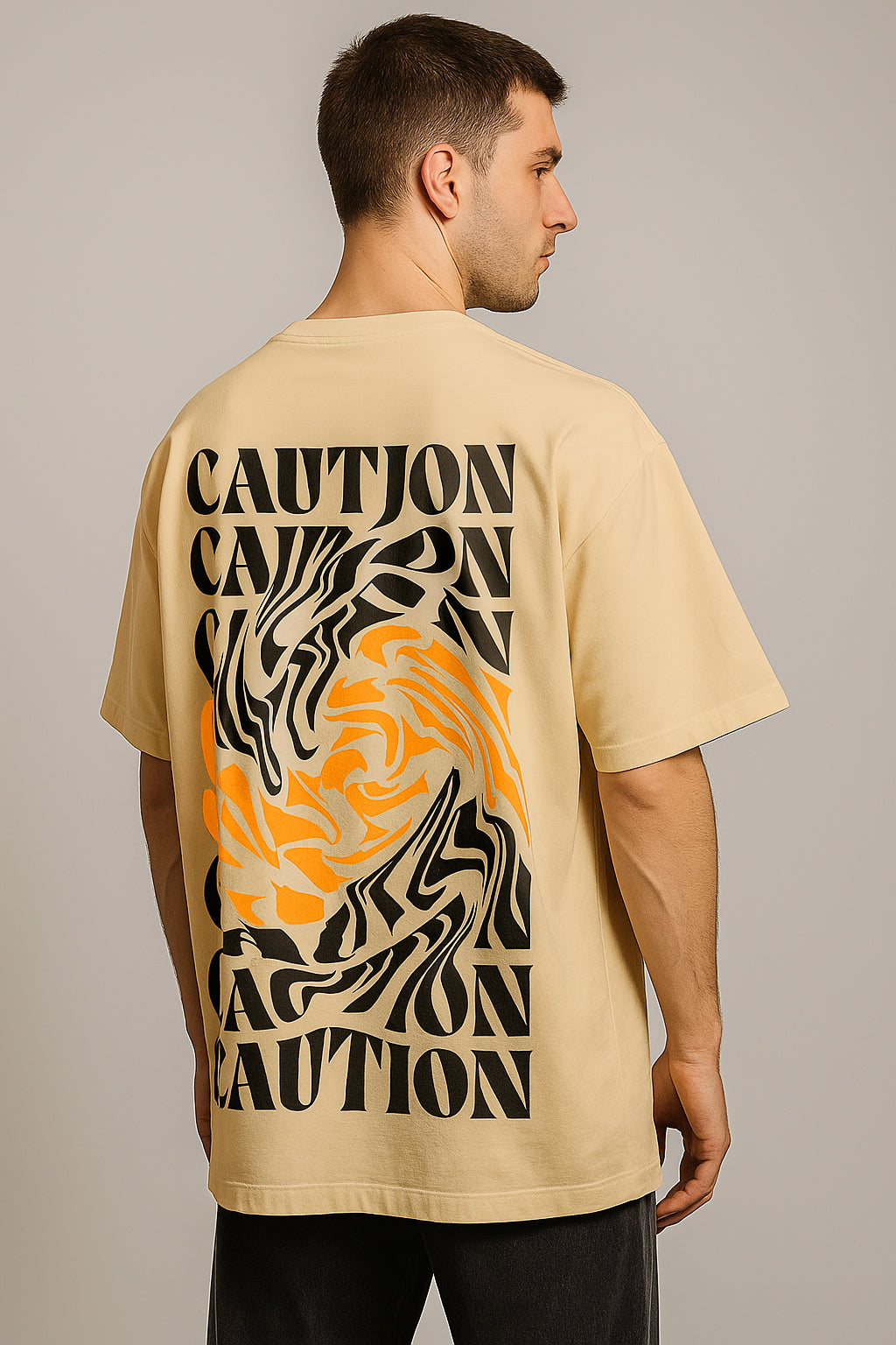 Caution Swirl Graphic Oversized T-Shirt in Beige
