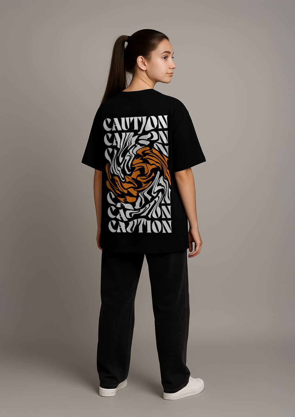 Caution Swirl Graphic Oversized T-Shirt in Black