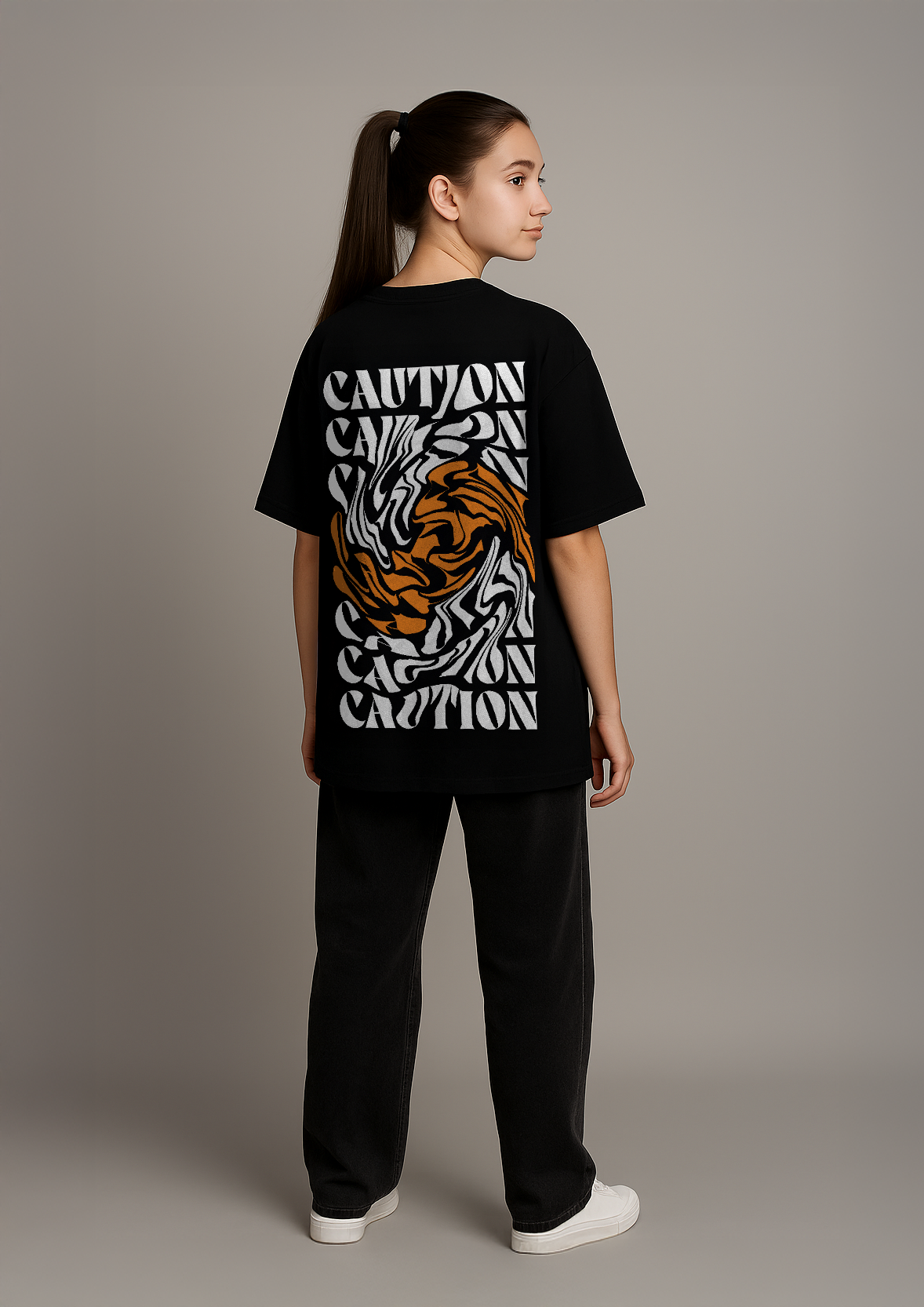 Caution Swirl Graphic Oversized T-Shirt in Black