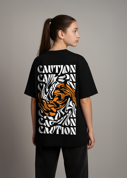 Caution Swirl Graphic Oversized T-Shirt in Black