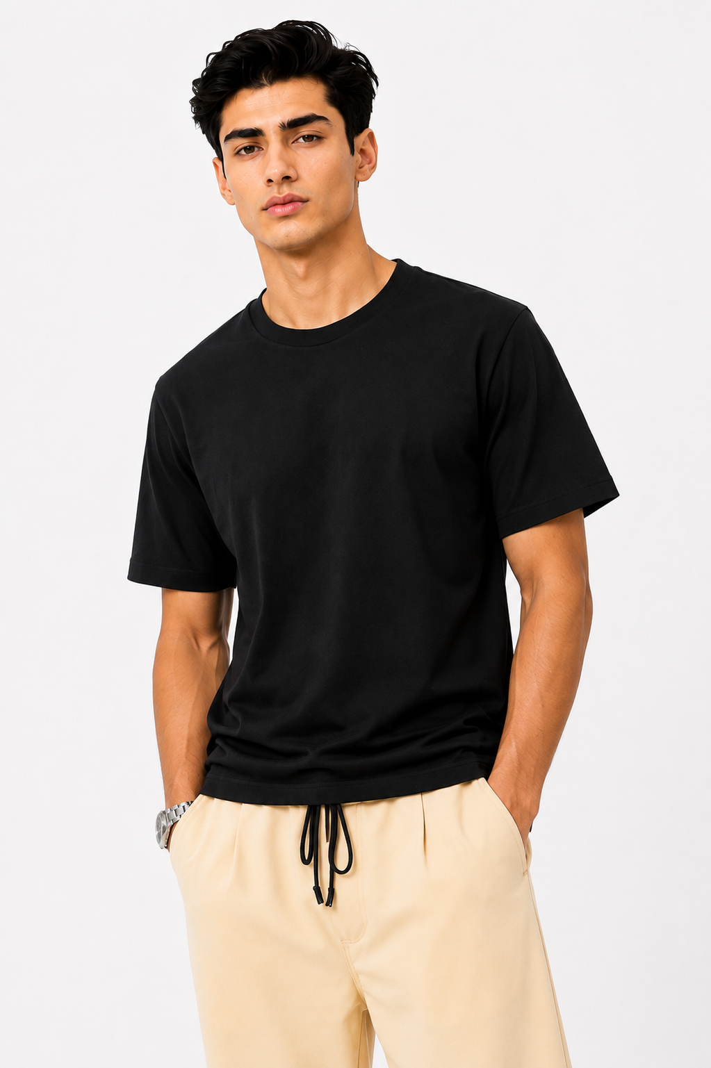 Crew Neck Plain Black T Shirt - Men