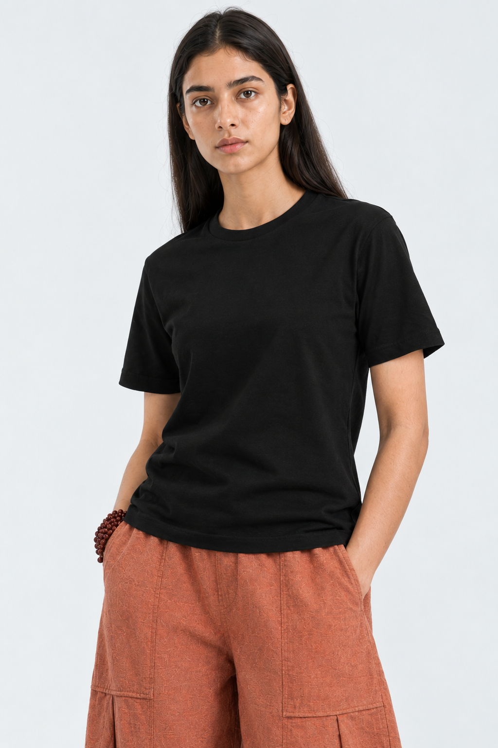 Crew Neck Plain Black T Shirt - Women