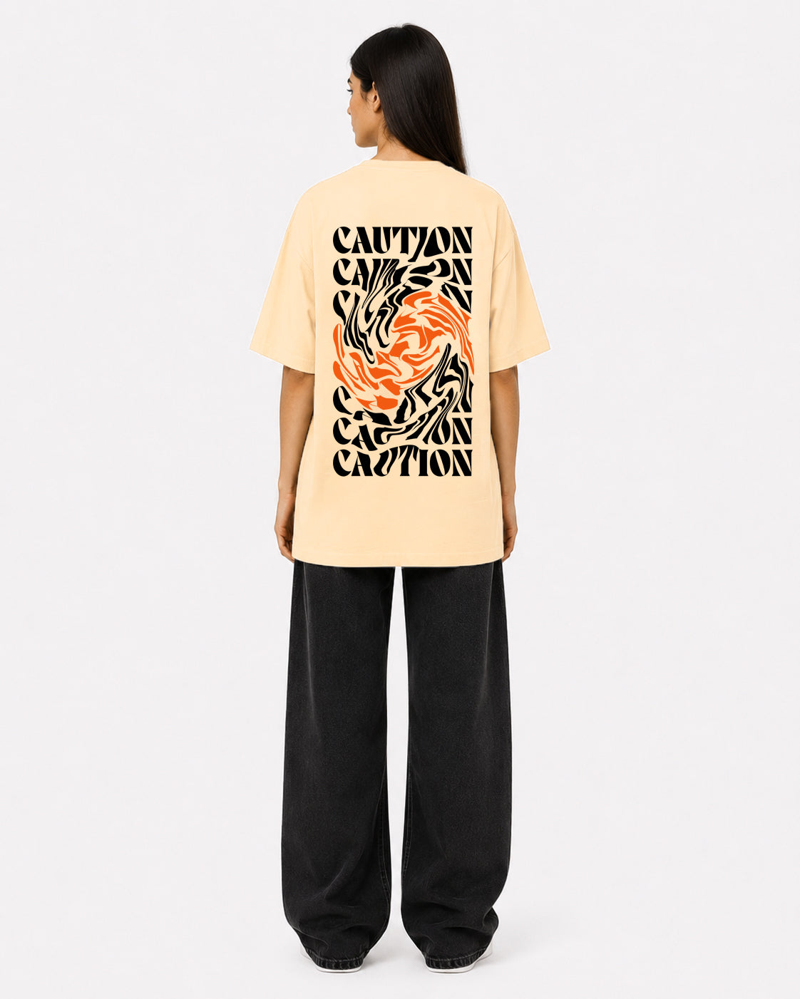 Caution Swirl Print Oversized Tee | Women - Black