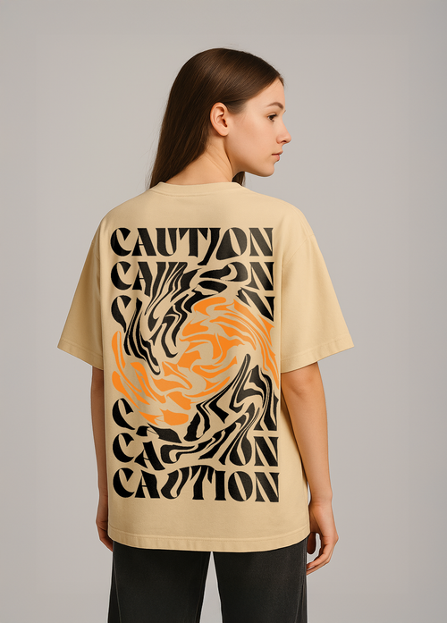 Caution Swirl Graphic Oversized T-Shirt in Beige