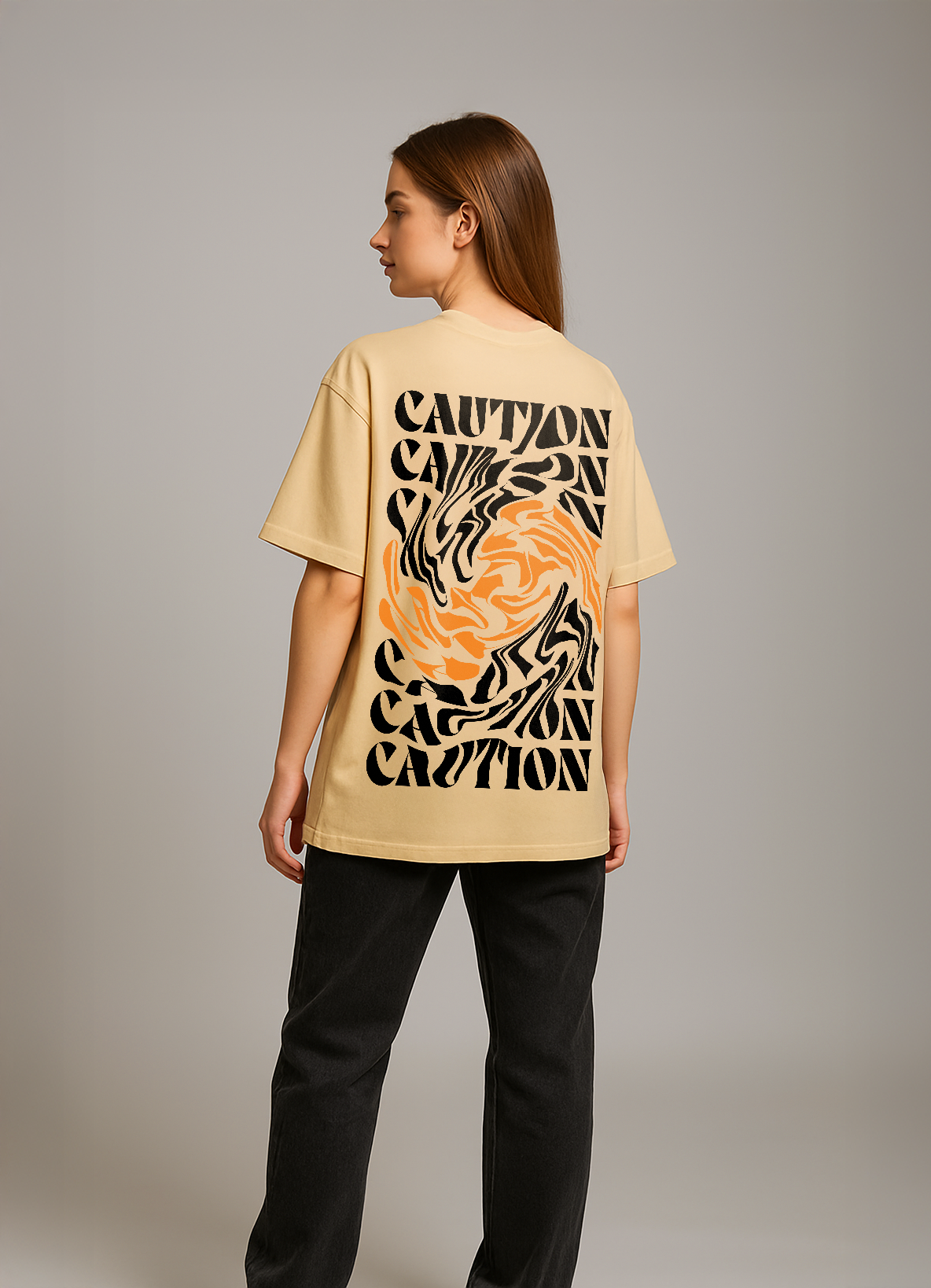 Caution Swirl Graphic Oversized T-Shirt in Beige