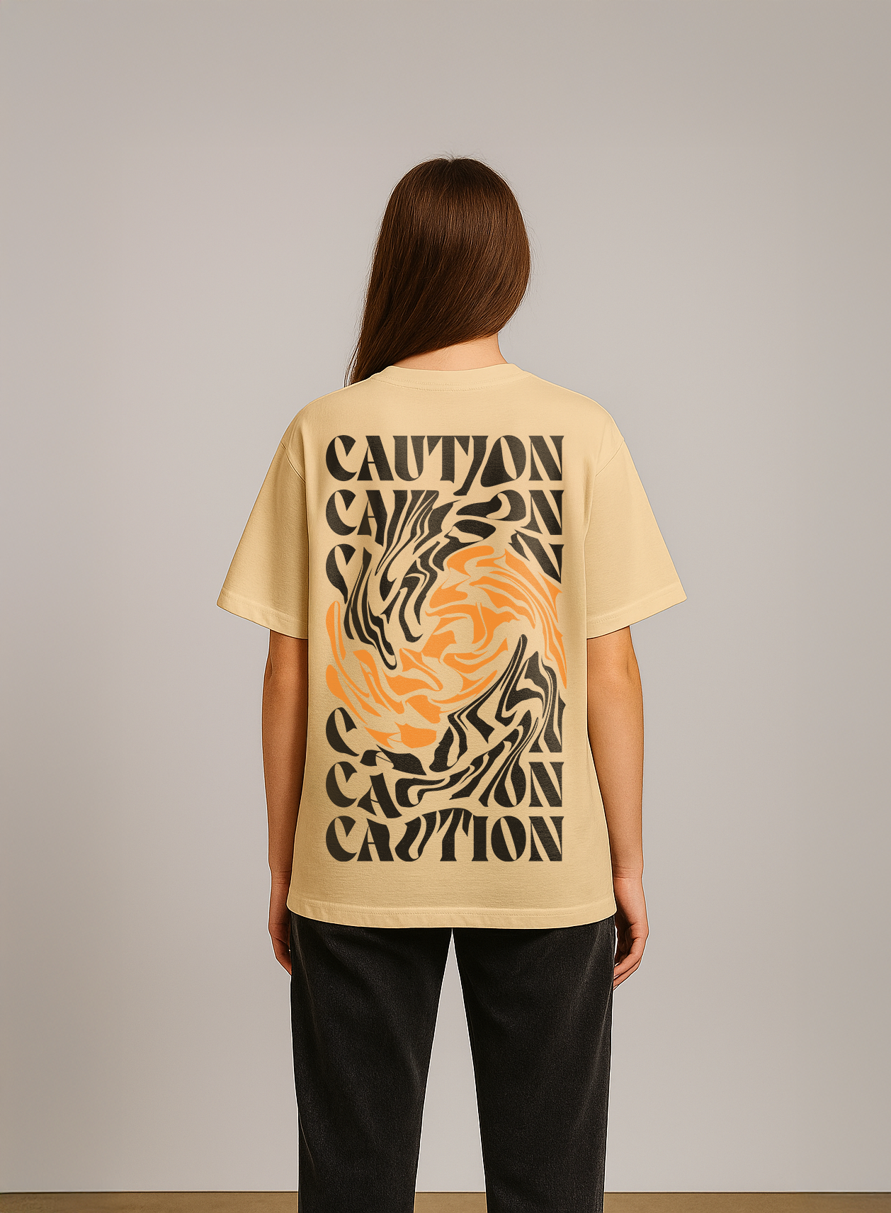 Caution Swirl Graphic Oversized T-Shirt in Beige
