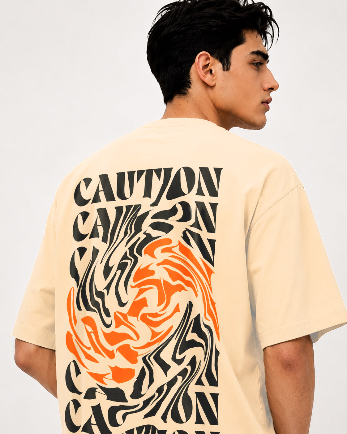Caution Swirl Print Oversized Tee | Men - Pale Yellow
