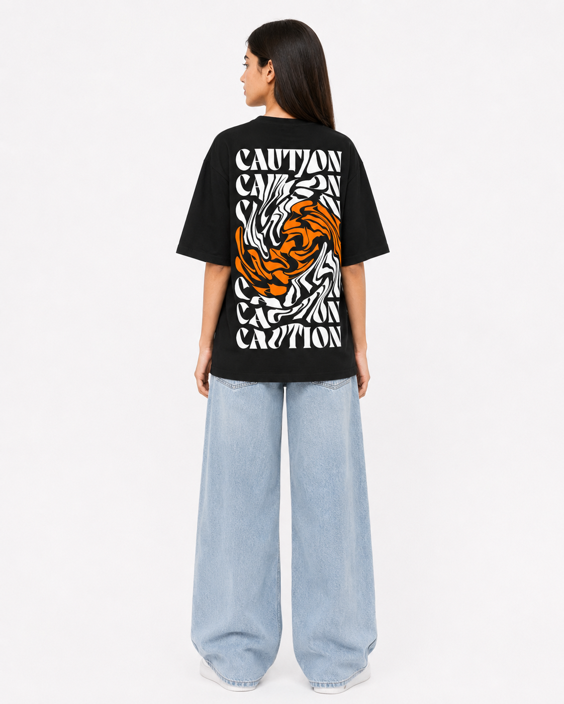 Back view of women’s black t-shirt