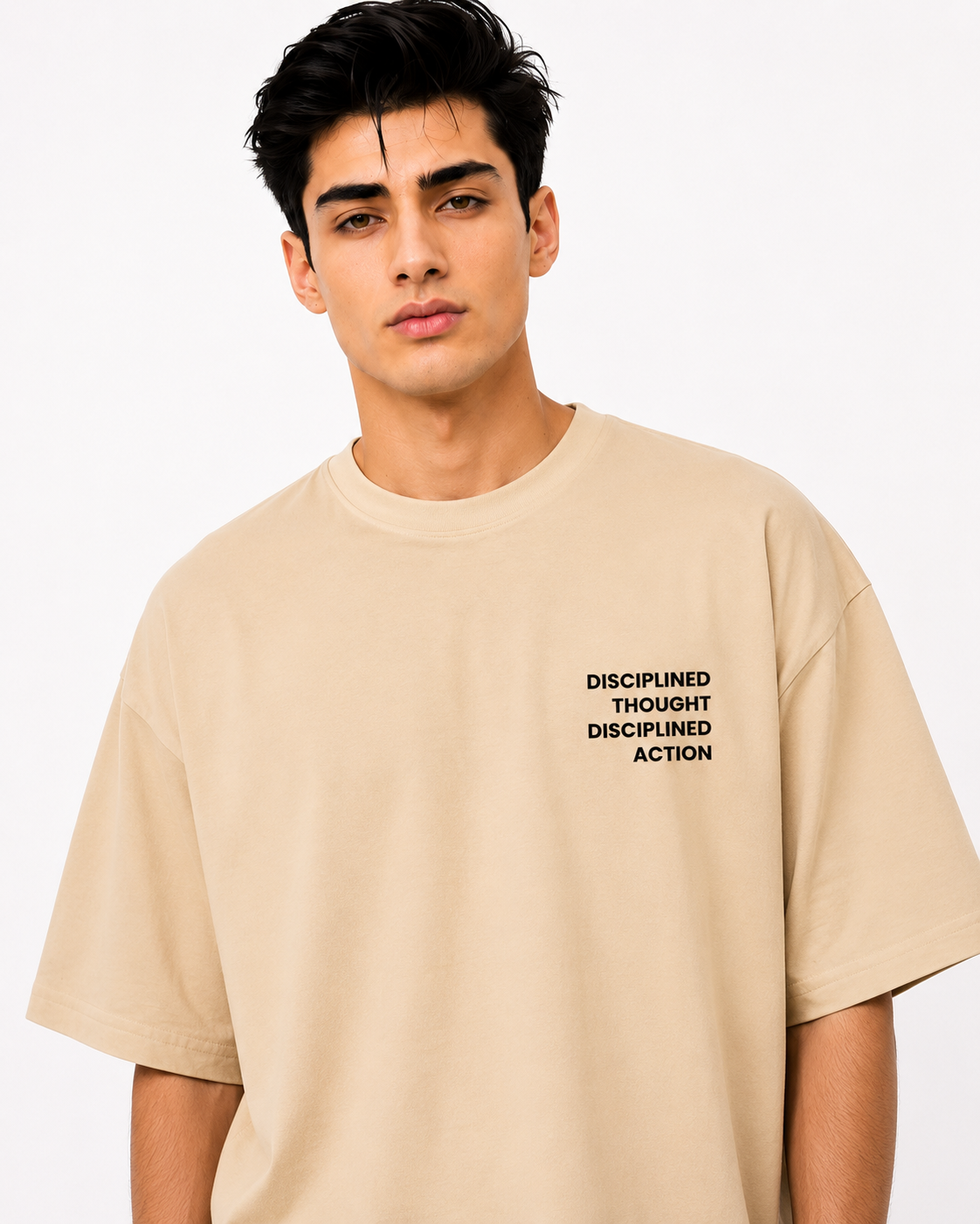 Close front view of men’s beige t-shirt