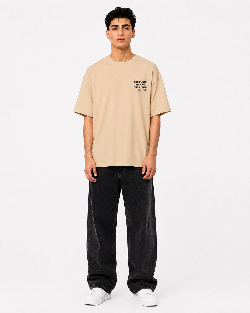 Front view of men’s beige t-shirt