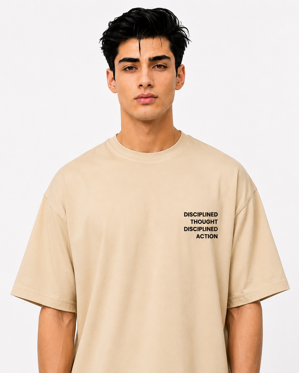 Zoom front view of men’s beige t-shirt