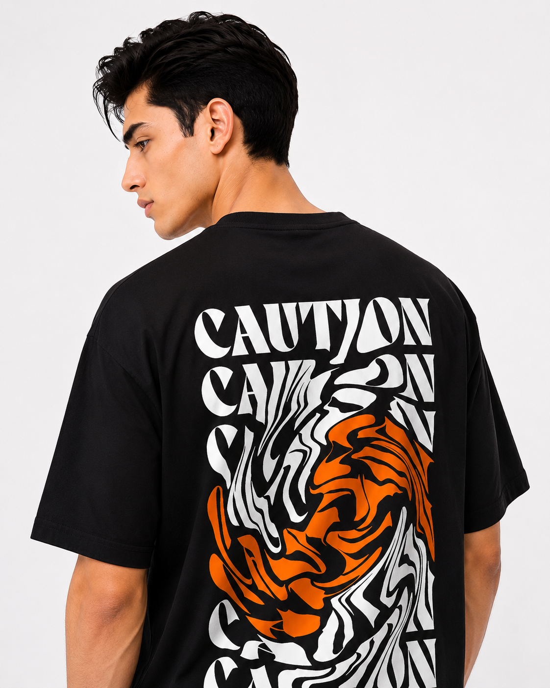 Detailed back view of men’s black t-shirt