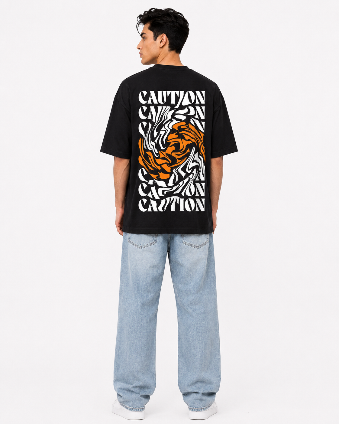 Back styled look of men’s black t-shirt