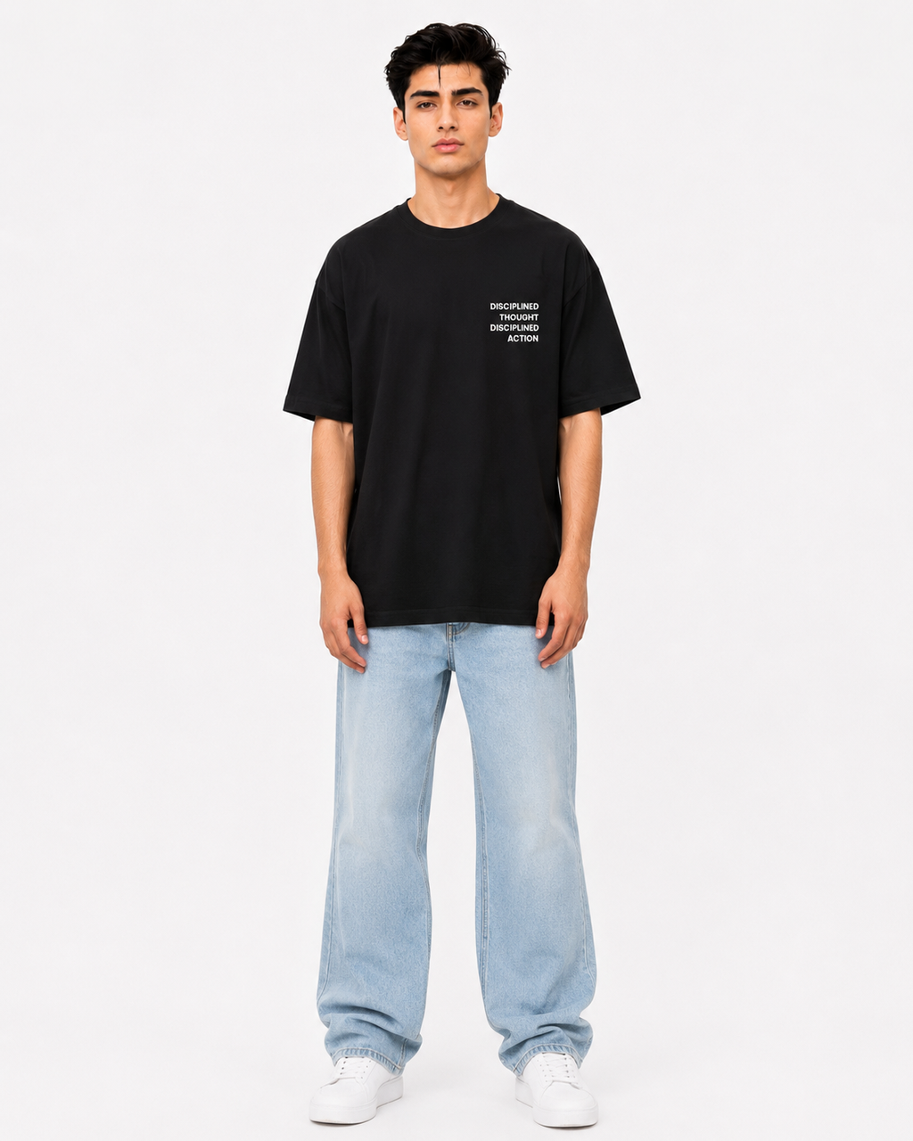 Front styled look of men’s black t-shirt