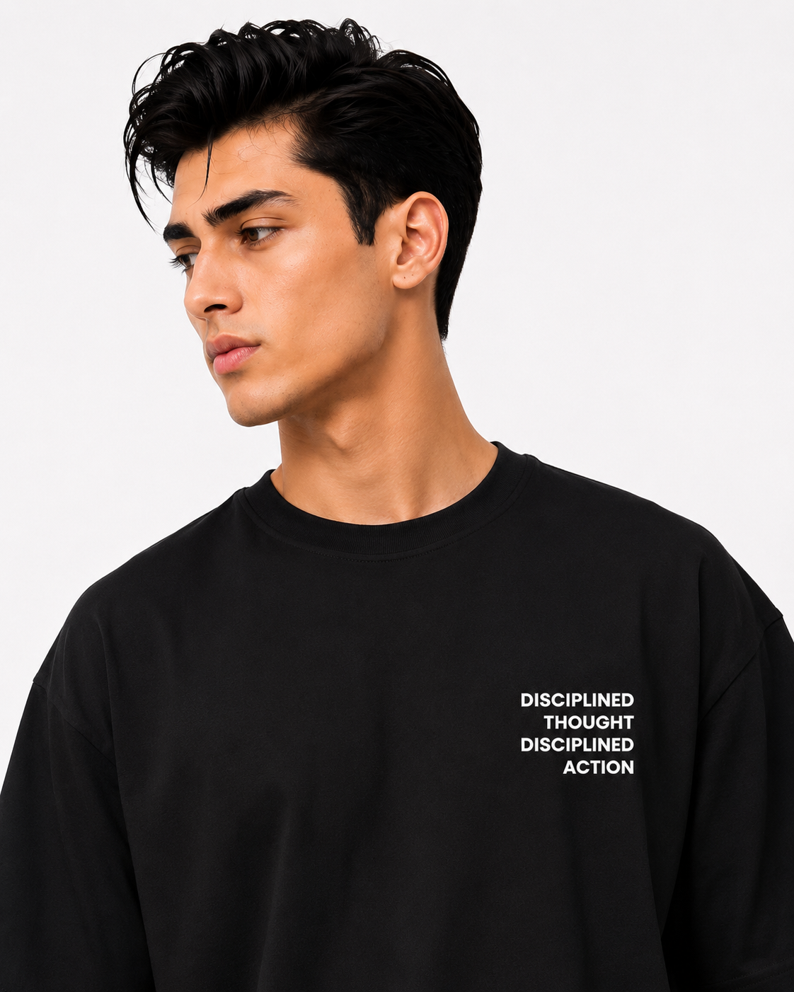 Close front view of men’s oversized black t-shirt