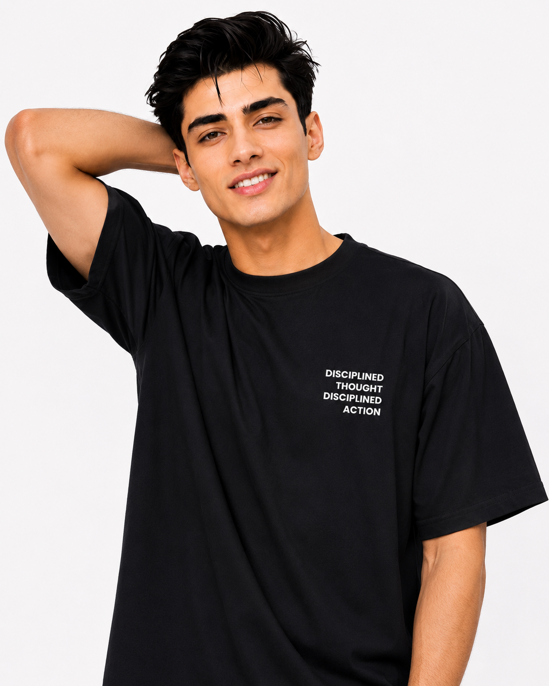 Close-up front view of men’s black t-shirt