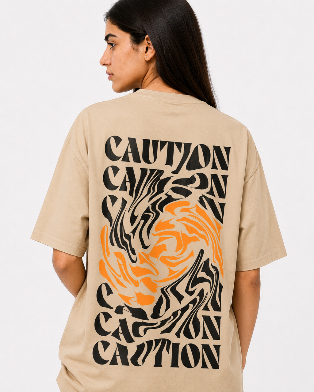 Close back shot of women’s beige cotton t-shirt
