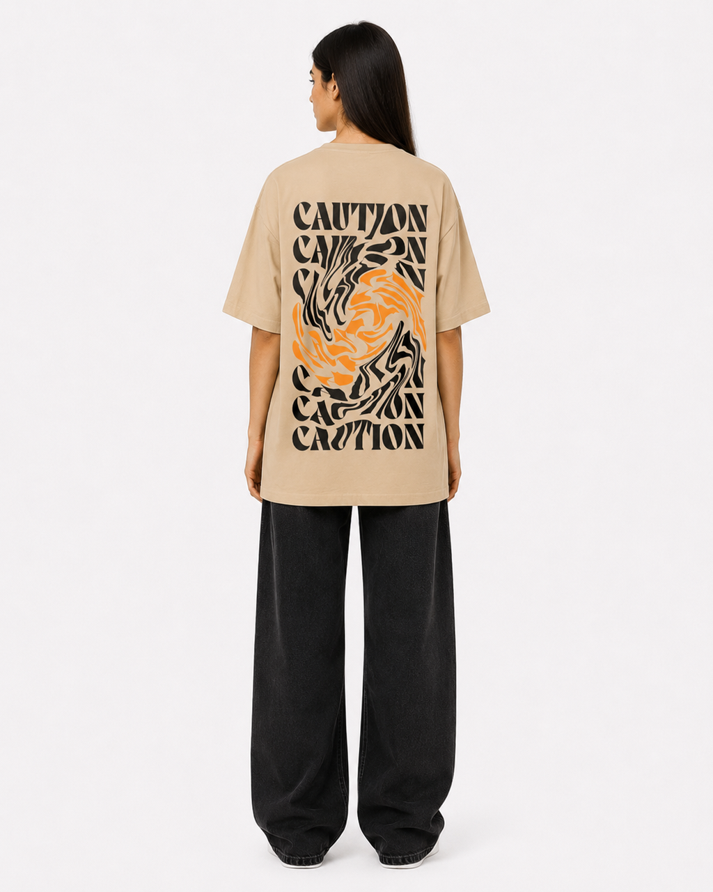 Back view of women’s beige cotton t-shirt