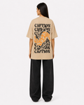 Back view of women’s beige cotton t-shirt