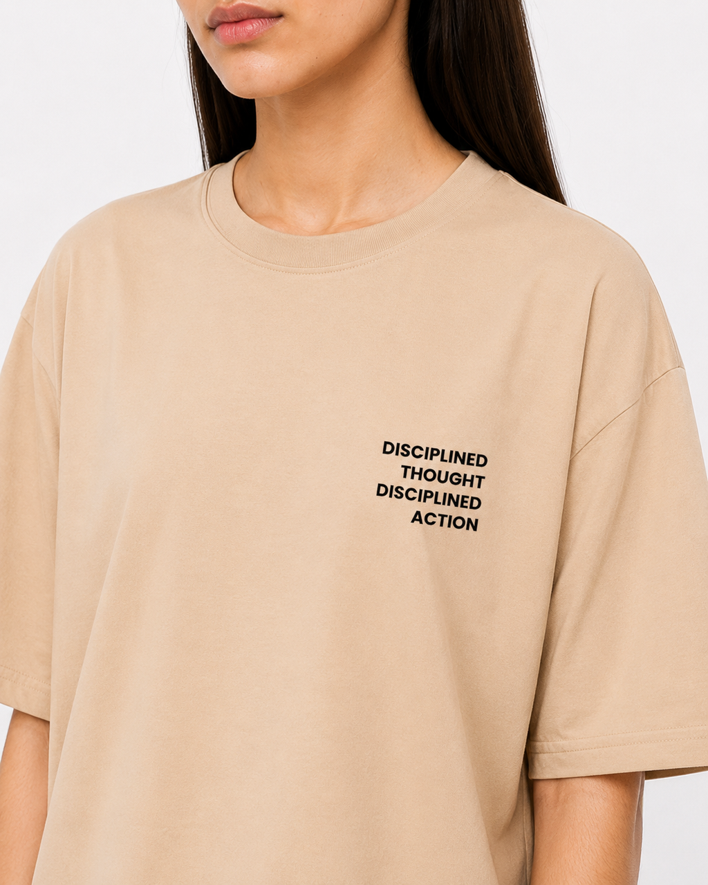 Close front view of women’s beige cotton t-shirt