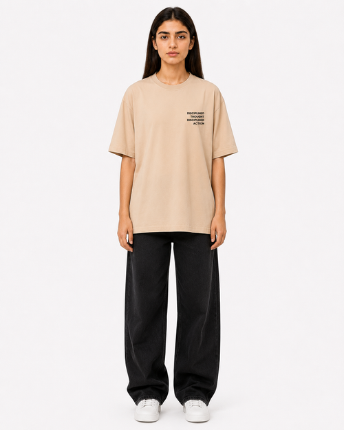 Front view of women’s beige cotton t-shirt