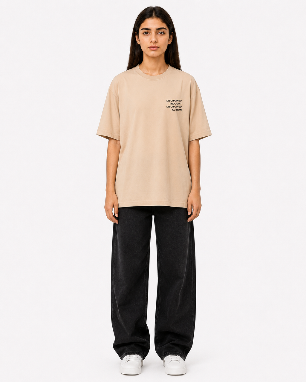 Front view of women’s beige t-shirt