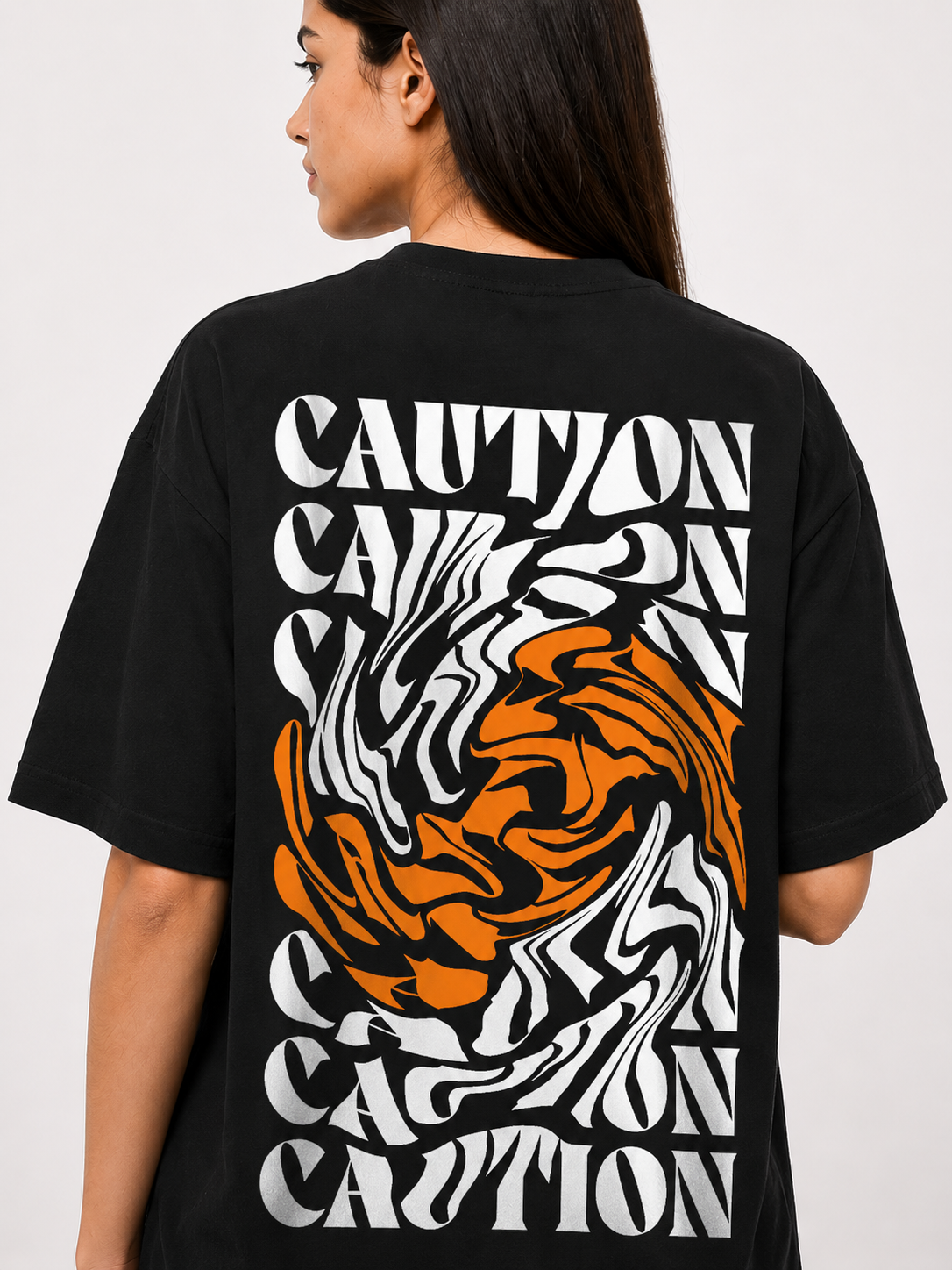 Back close view of women’s black t-shirt