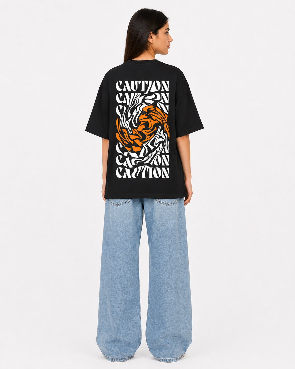 Back view of women’s black t-shirt