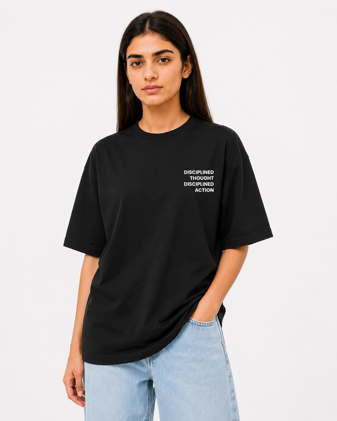 Close front view of women’s black t-shirt