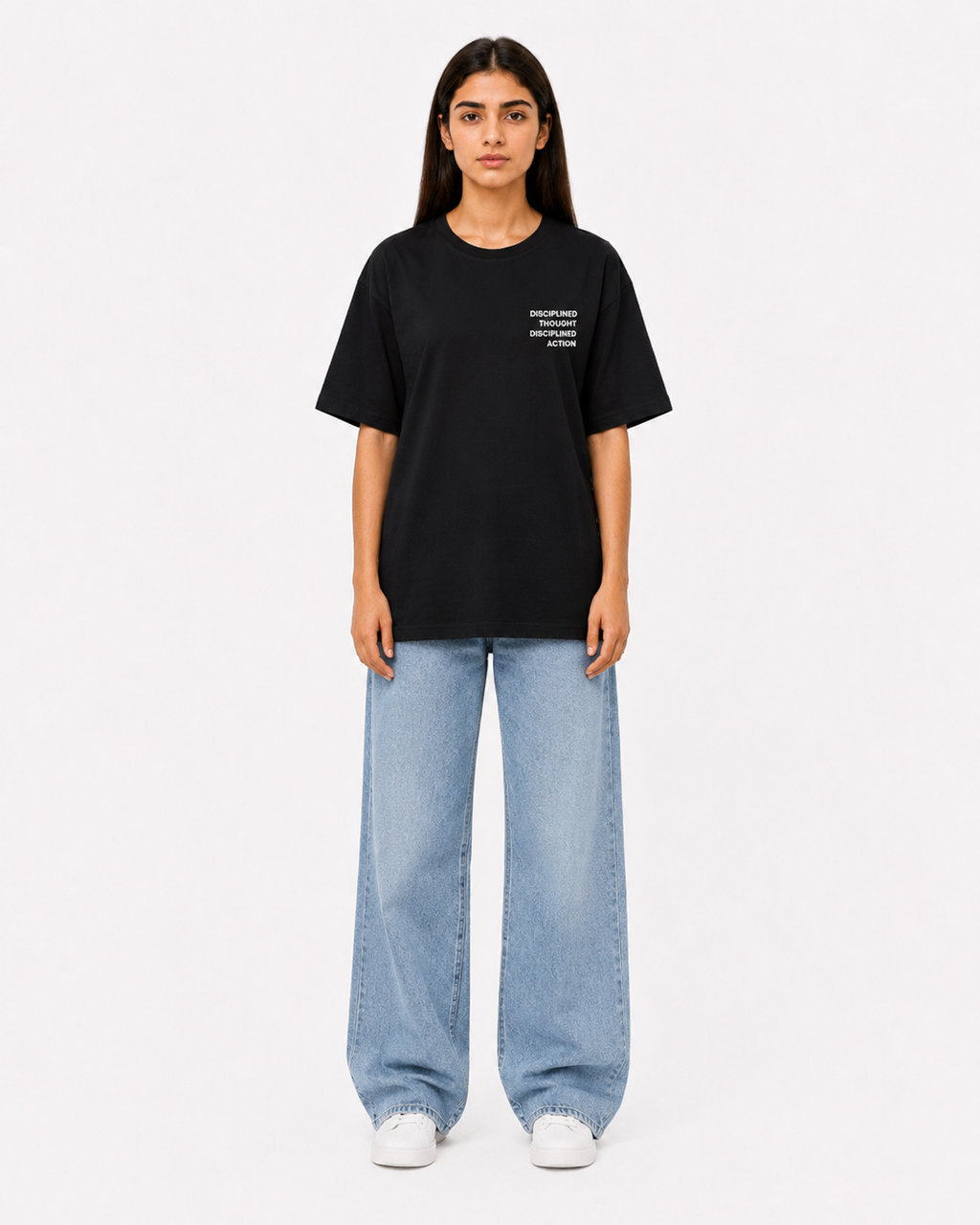 Front view of women’s black t-shirt