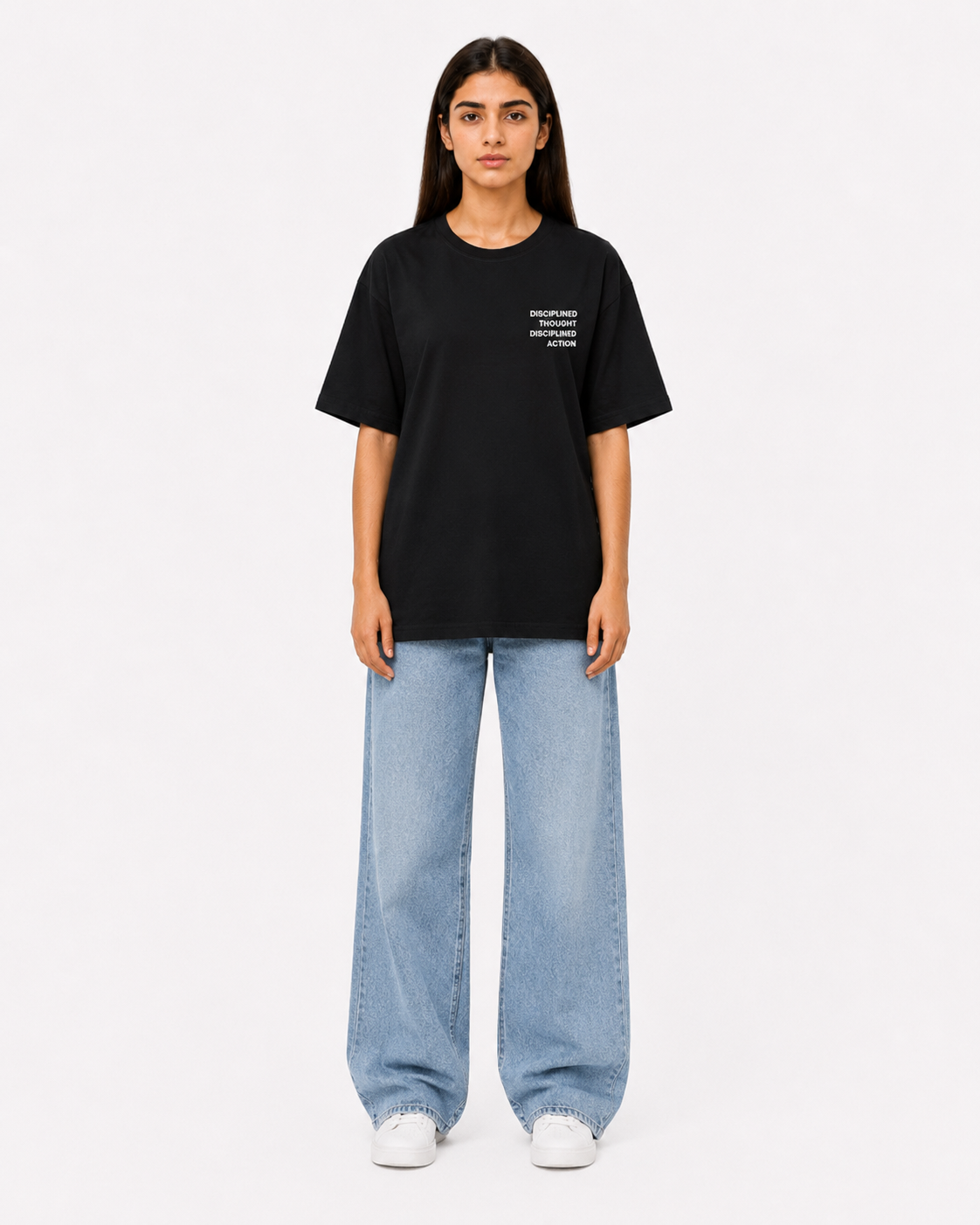 Front view of women’s black t-shirt